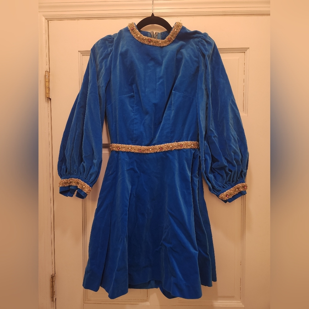 Vintage Blue Velvet Puff Sleeve Mini Dress S 60s 70s Boho